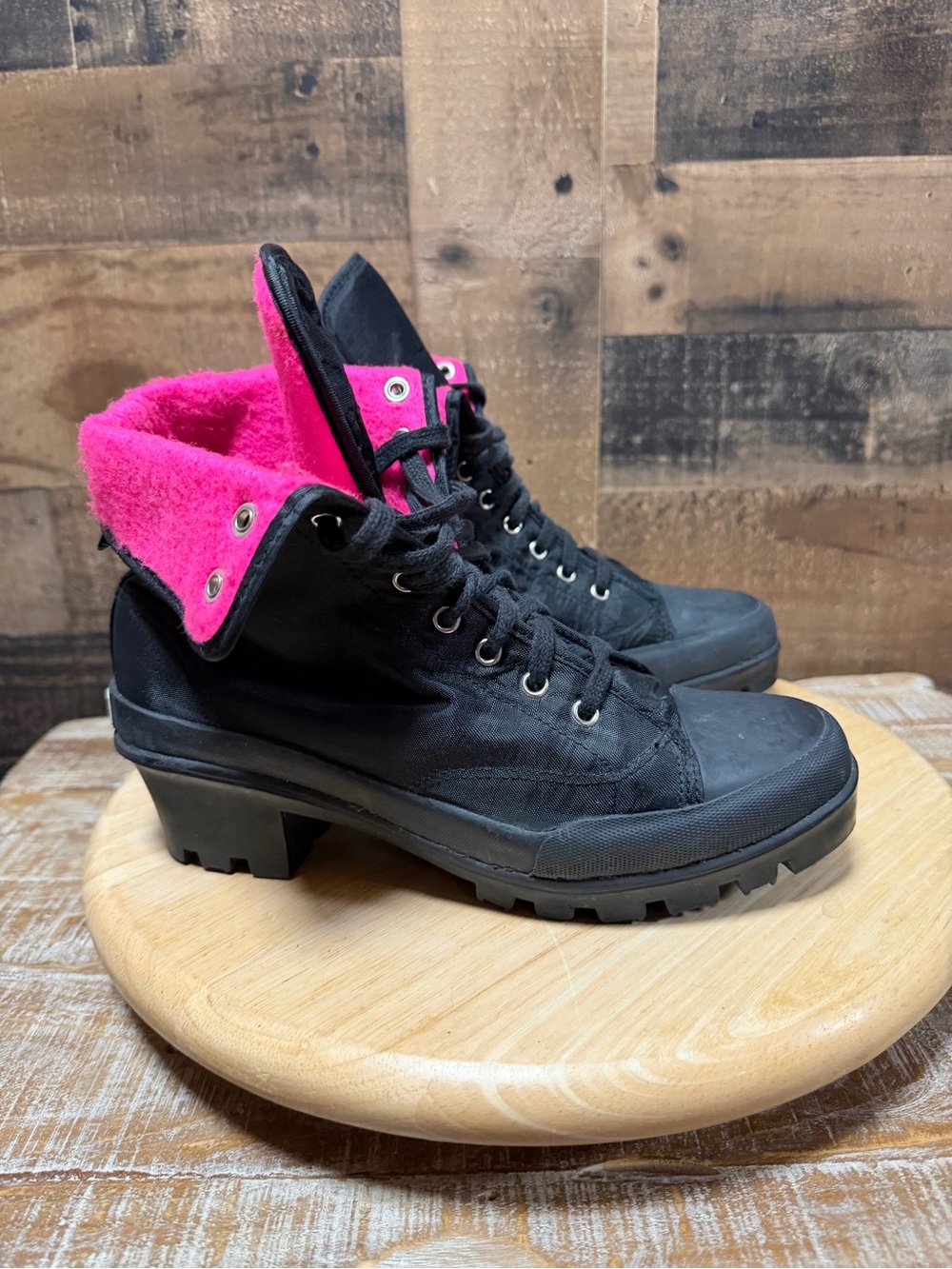Vintage KIKIT Canyon Boots Women 8M Black Pink Fold Down Y2K Goth Chunky Heel